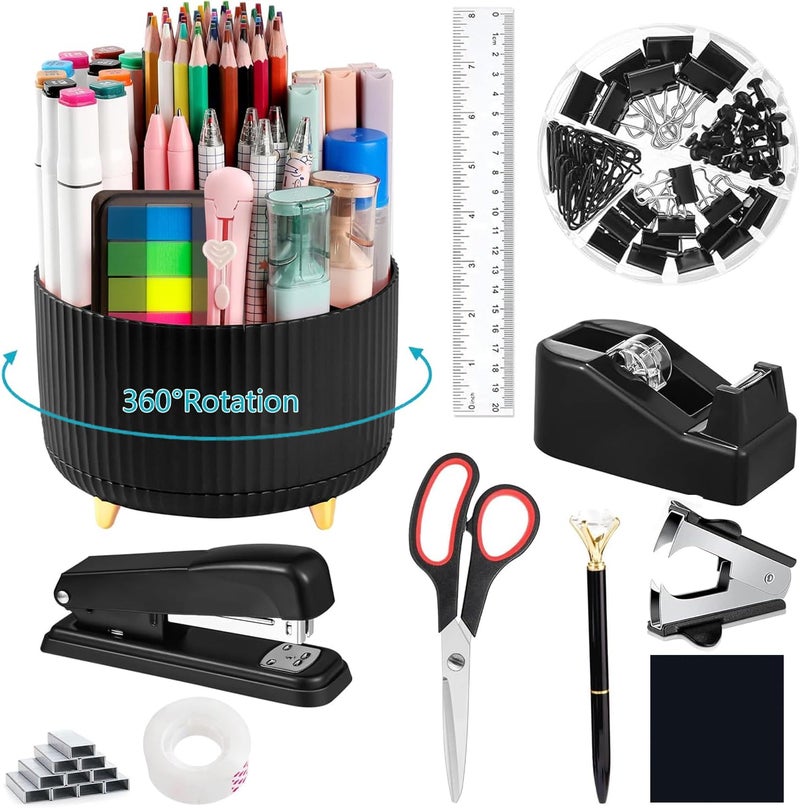suniya Office Supplies,Desk Accessories,with Stapler,Tape Dispenser,Staple Remover,Scissor,Ballpoint Pen,Sticky Notes,Clear Tape,Staples,Desk Organizer,Ruler,Binder,Best Gift Set(Black) - Image 1